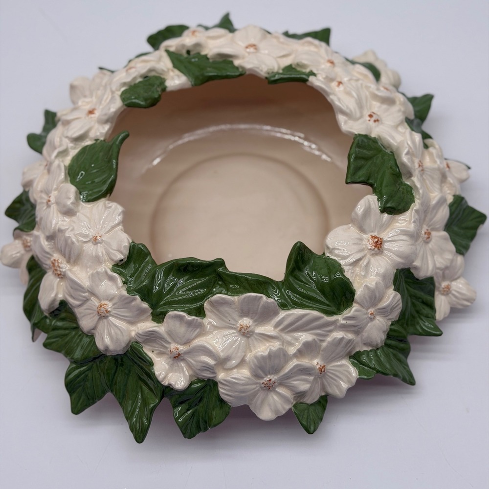 Vintage Atlantic Mold Ceramic Dogwood Floral Wreath Planter Bowl White Green